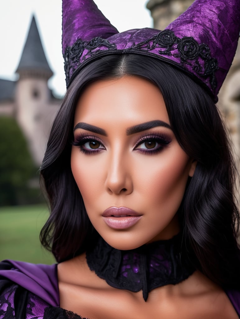 Portrait of Kim Kardashian in a witch costume for Halloween, scary dark makeup on her face, gloomy dark atmosphere, vintage 70s style, purple, pink and black colors, high detail photo, professional photo, against the backdrop of an old creepy castle, contrasting light, bright colors, deep dark atmosphere