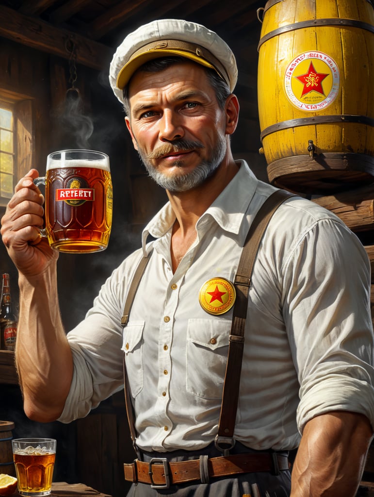 poster, A Soviet man in a white shirt and cap holds a mug of kvass in his hands, a Soviet yellow barrel of kvass can be seen in the background