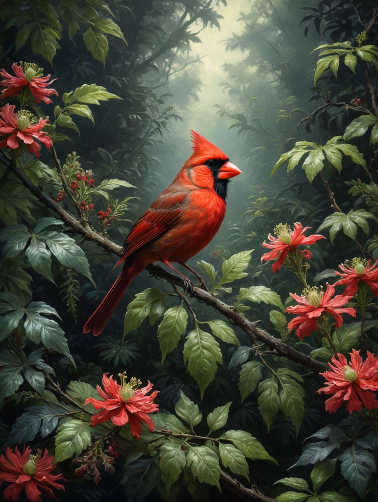 An Edwardian botanical oil painting, illustration of a red cardinal bird on a branch surrounded by flora and fauna