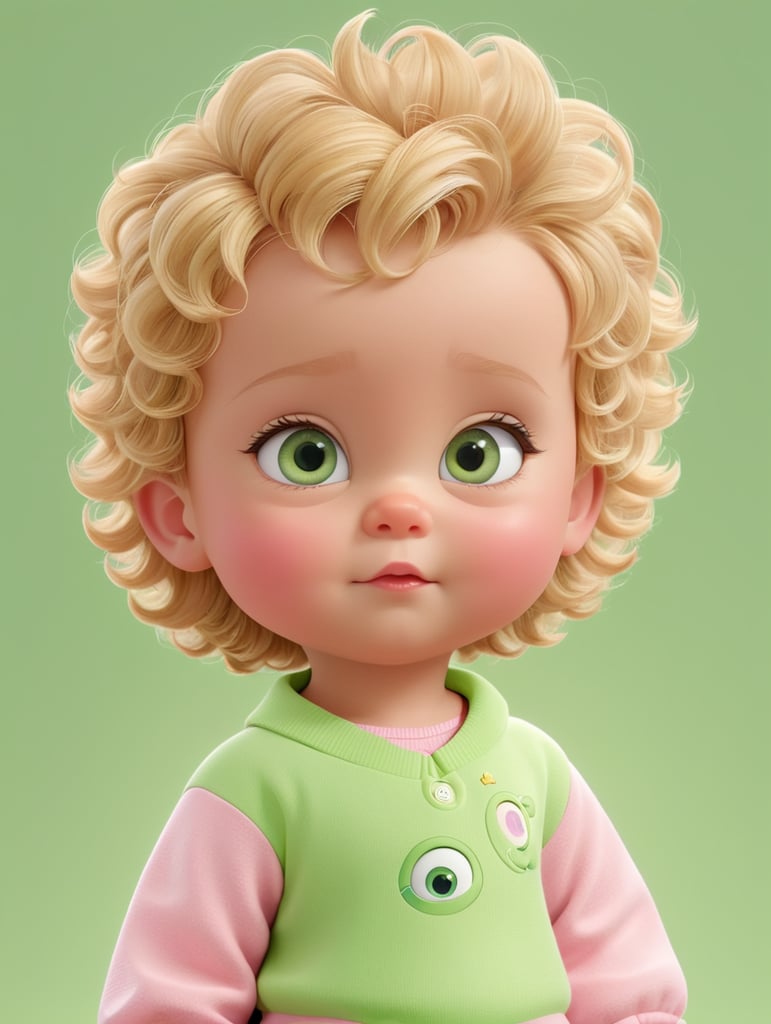 Uma bebê feminina, cabelo loiro, cabelo curto, cabelo enrolado, olho verde, roupa rosa