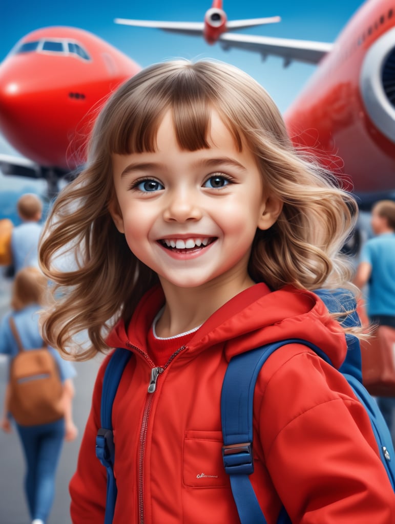 photo happy little girl going to travel, cute girl, dressed in all red, blue background, harpers bizarre, cover, headshot, hyper realistic