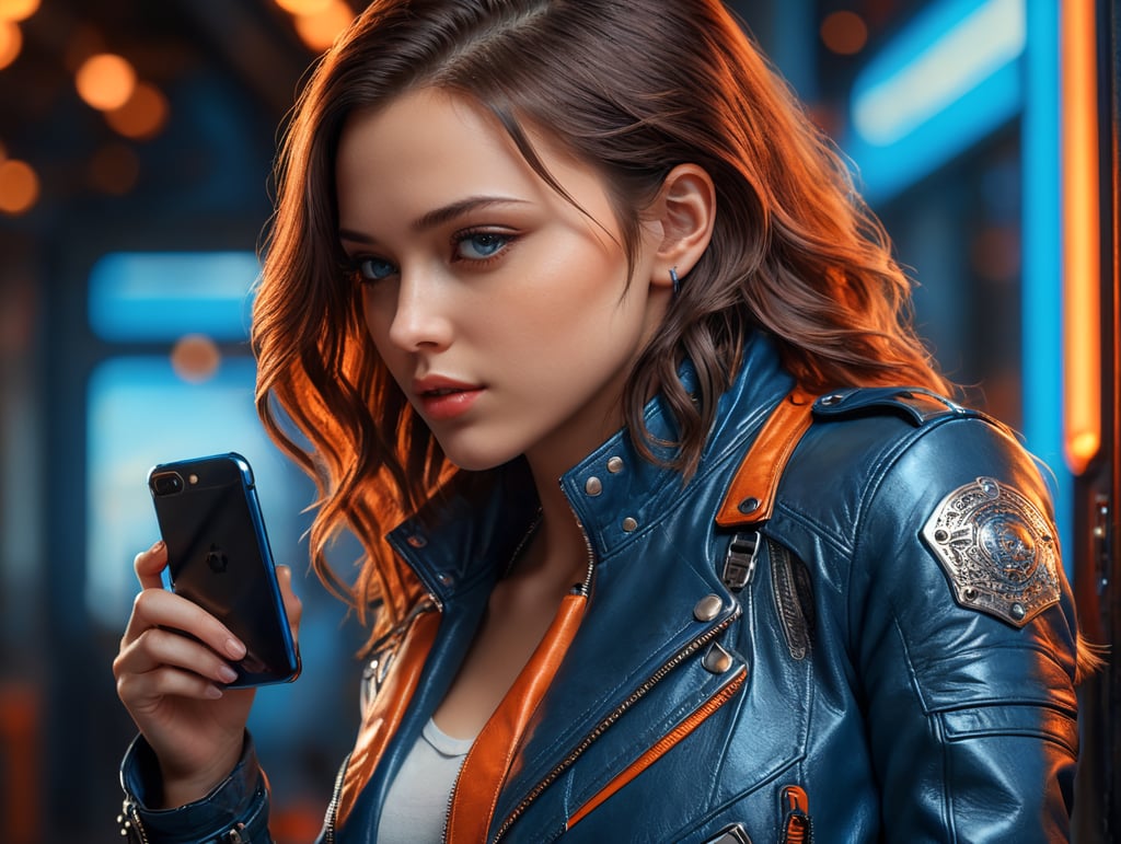 A young beautiful girl is looking at the phone, dressed in a leather jacket, the background is bright, orange-blue, technological. octane render, unreal engine, photograph, realistic skin texture, photorealistic, hyper realism, highly detailed, hard silhouette lighting in blue