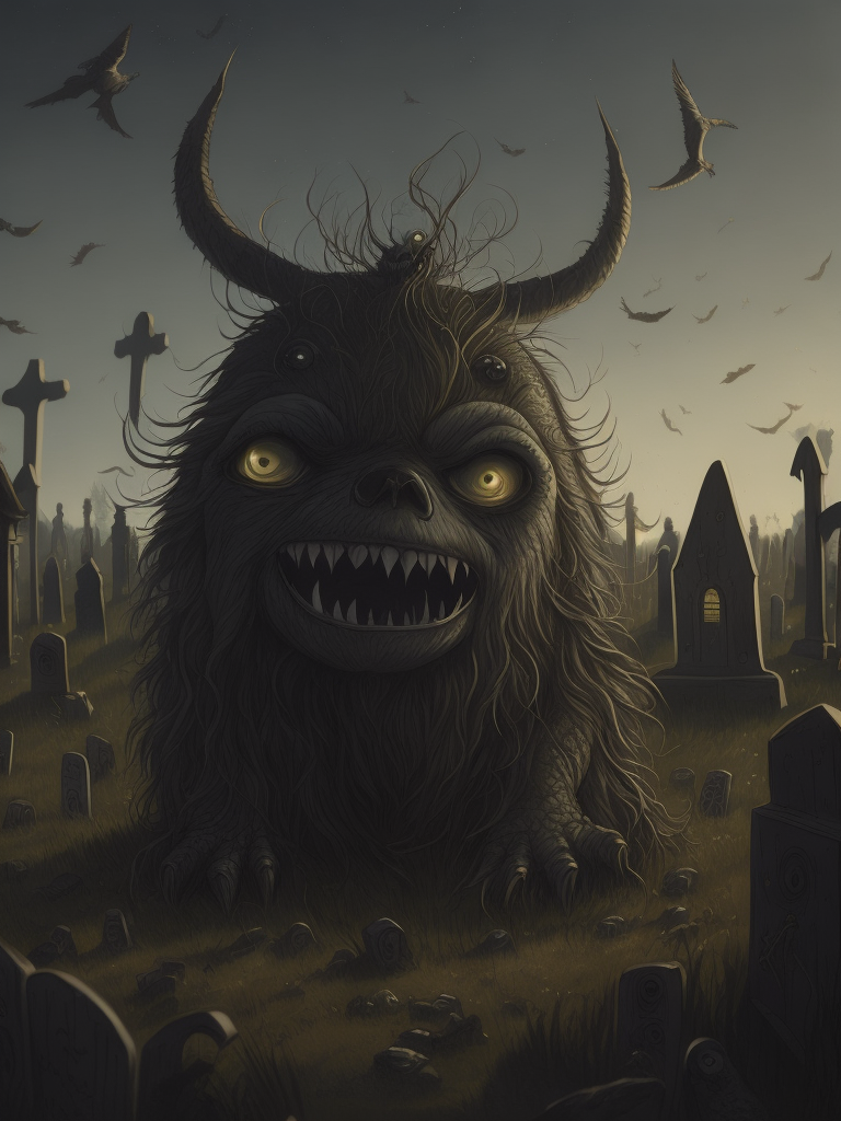 John Kenn Mortensen style ground level shot, incredibly detailed front shot painting of a cute whimsical monster in a graveyard,