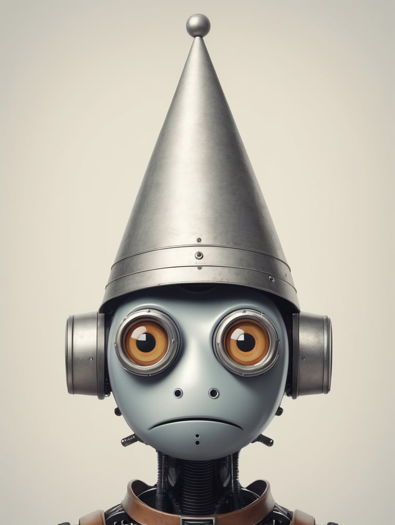 A cross-eyed robot wearing a dunce cap.