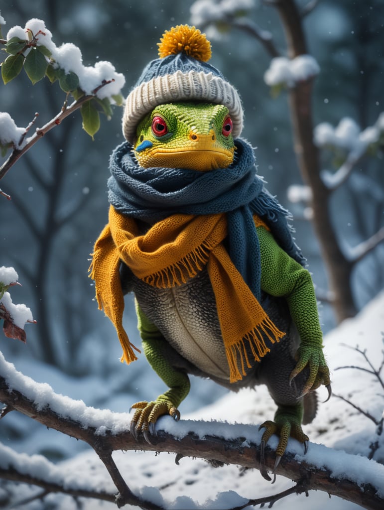 Lizard a snowy branch wearing a woolly hat and scarf