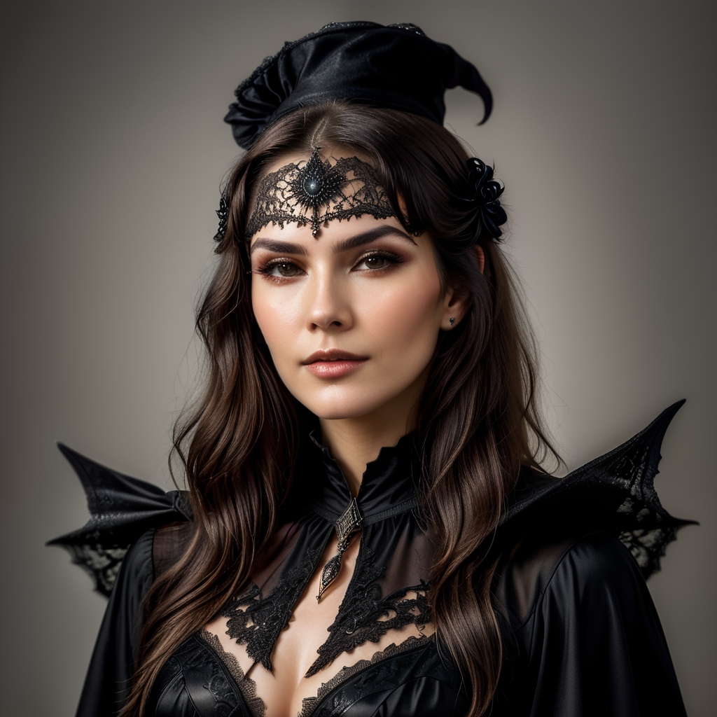 nice pretty witch with bold black outfit, simple background, realistic lighting
