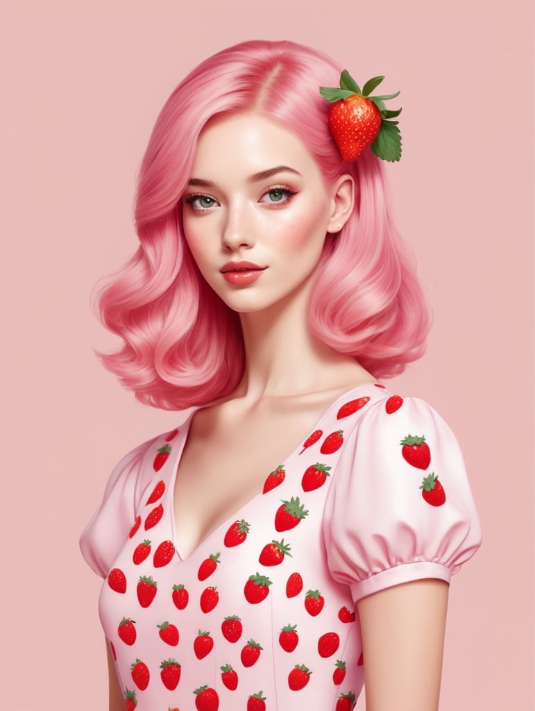 create a 2d vector illustration of a cute woman with pink hair in a pink dress with a strawberry print in a minimalist style