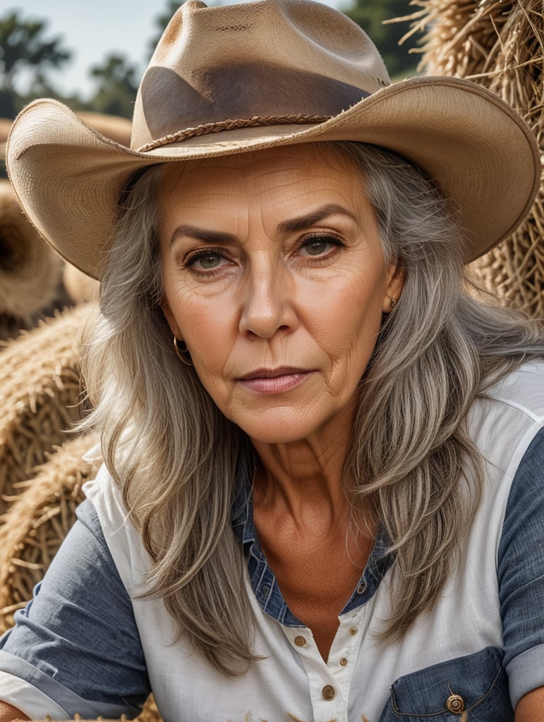 high quality, hyper realistic, medium-length silver hair, 67 year old, one person, beautiful, caucasian female, wearing a white tshirt and a cowboy hat, sitting on a hay bale