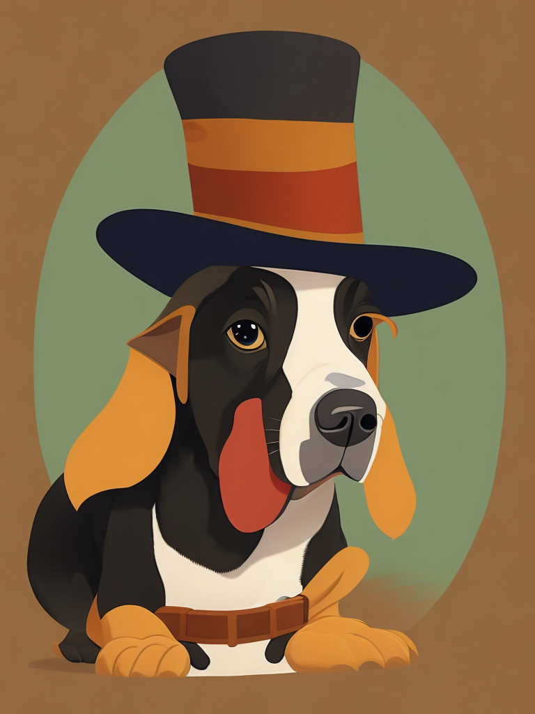 a dog, wearing a hat, Illustration, Disney, USA, style of Mary Blair