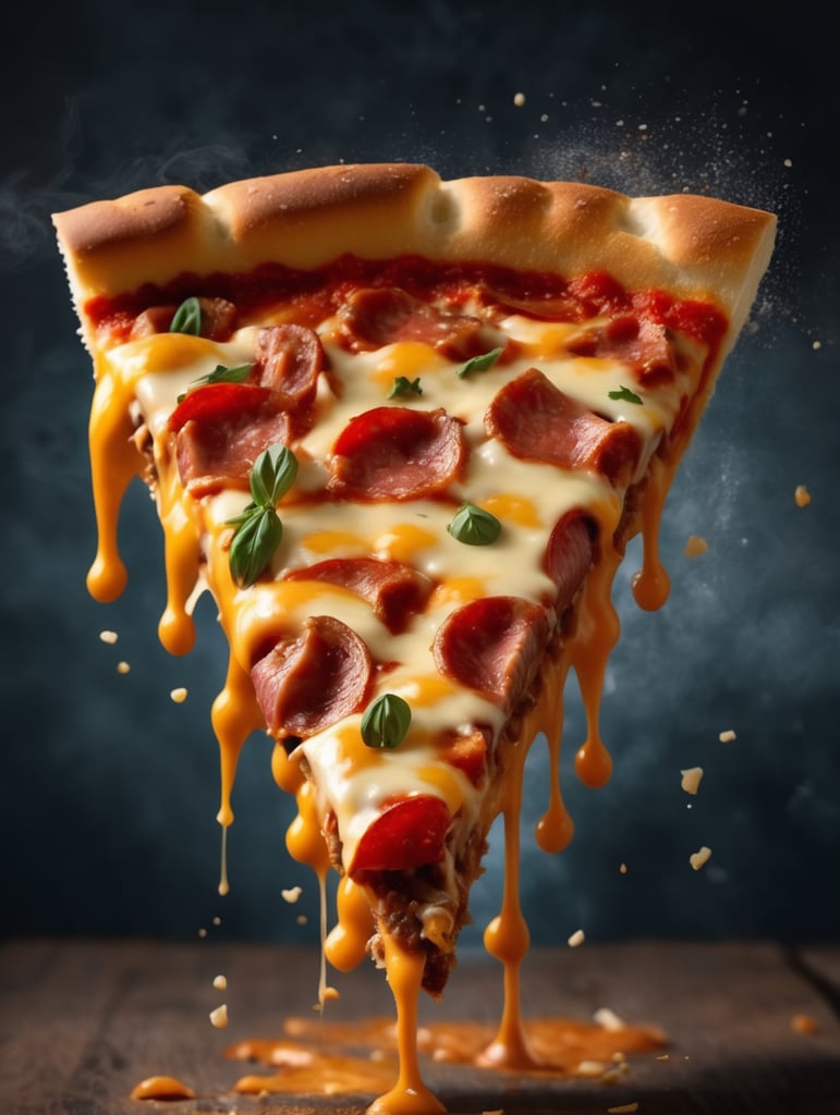 Slice of pizza beef with cheese falling, looking delicious