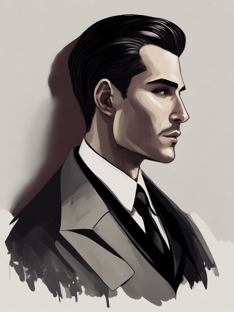 Portrait of a mafia boss in formal suit, Thick build, Hair slicked back, Aggressive look, Against a vintage interior, Subdued tones, Deep colors, contrasting light,