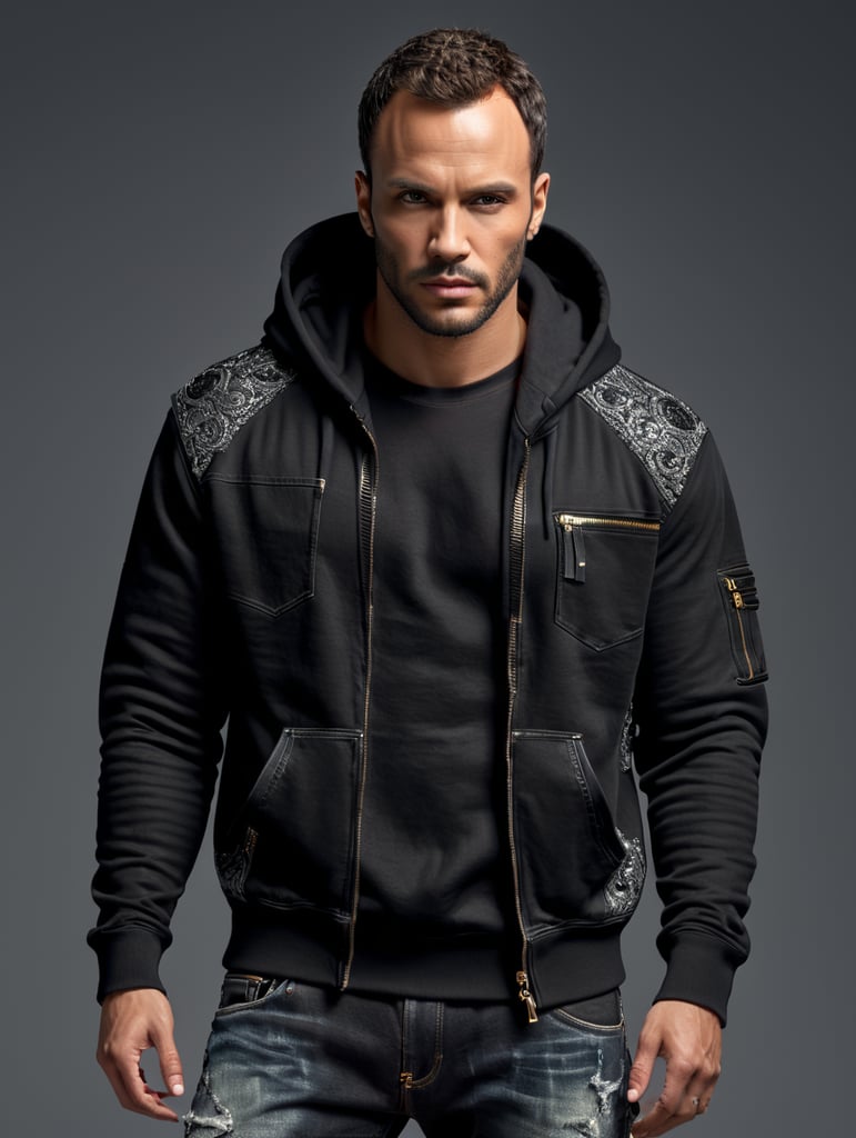 Tom ford male model wearing black blank hoodie and oversize jeans posing for a shooting.