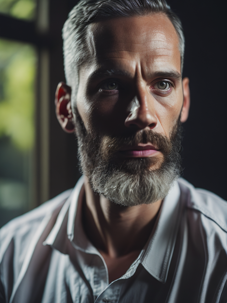 Portrait of Homer Simpson as a real person, white shirt, Dramatic Lighting, Depth of field, Incredibly high detailed