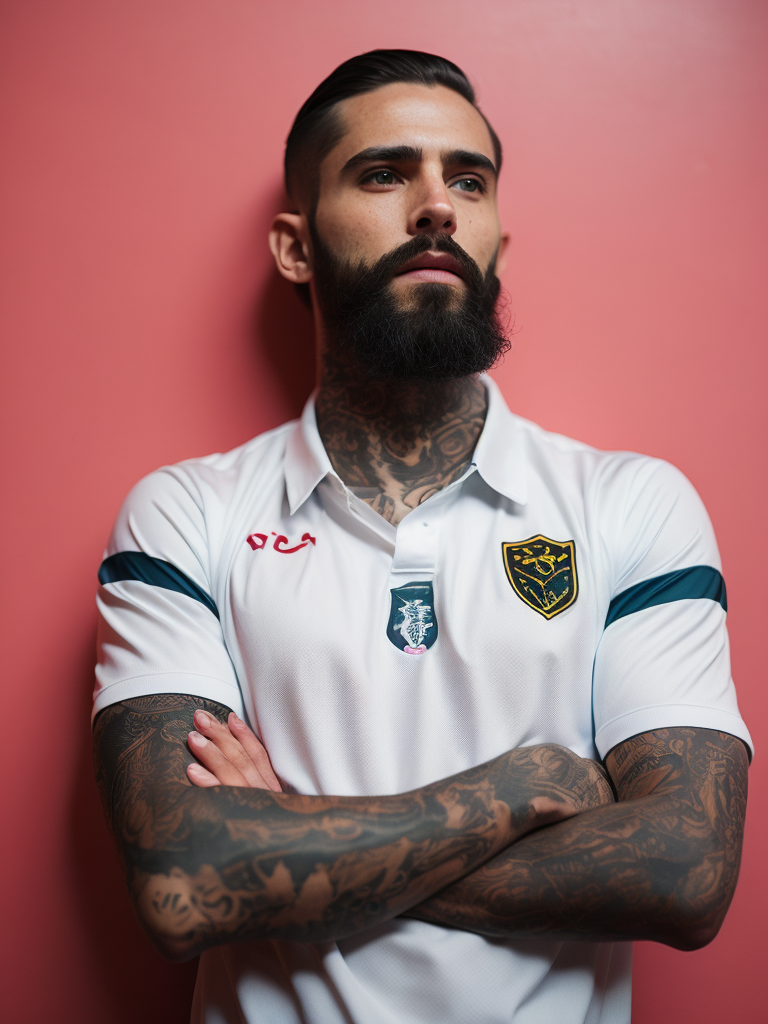 a tattooed soccer player with long black beard stands in a front of the pink wall
