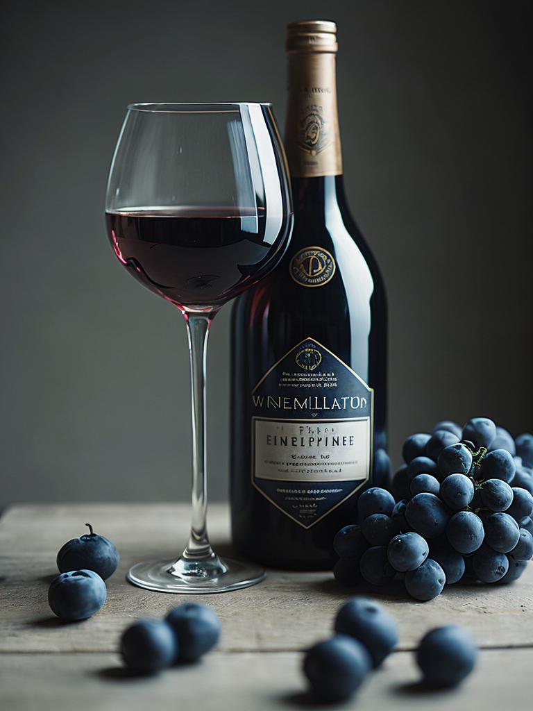 wine bottle with glass of dark red wine, grapes