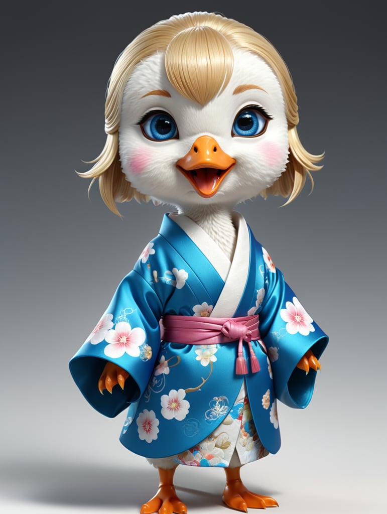 groovy 3D kawaii japanese little cute goose character, young female goose, blue eyes and blond hair, kimono, in dynamic vector graphics style, on clean white background