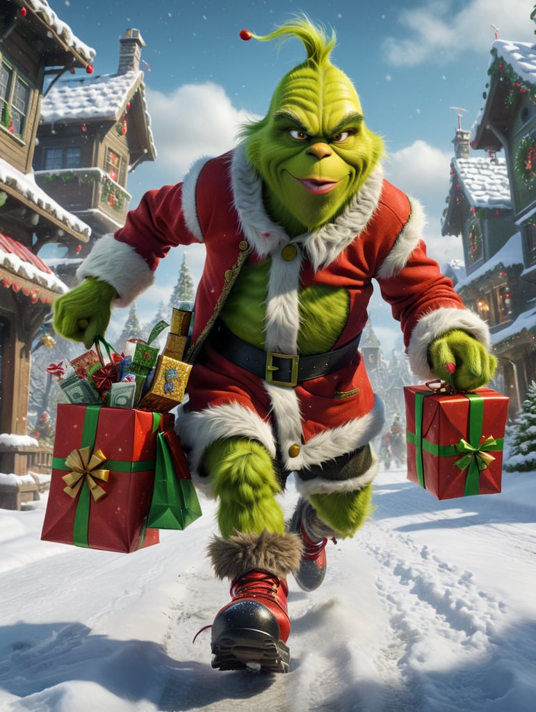 Grinch character running with money and Christmas gifts in snow boots