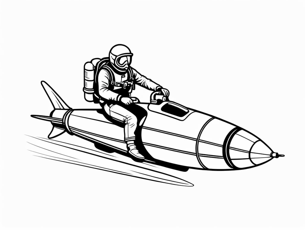 scuba diver riding on a rocket, in the style of basic simple black line art vector comic art on white background