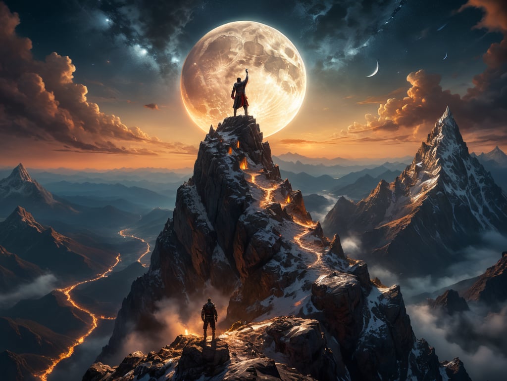a man with on a mountain peak, night, five moons