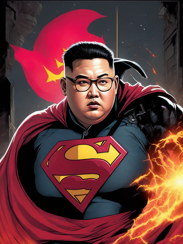 Kim Jong Un Superman, Hero Portrait, Pink colors, Comics, Marvel, Horror, USA, style of Richard Corben