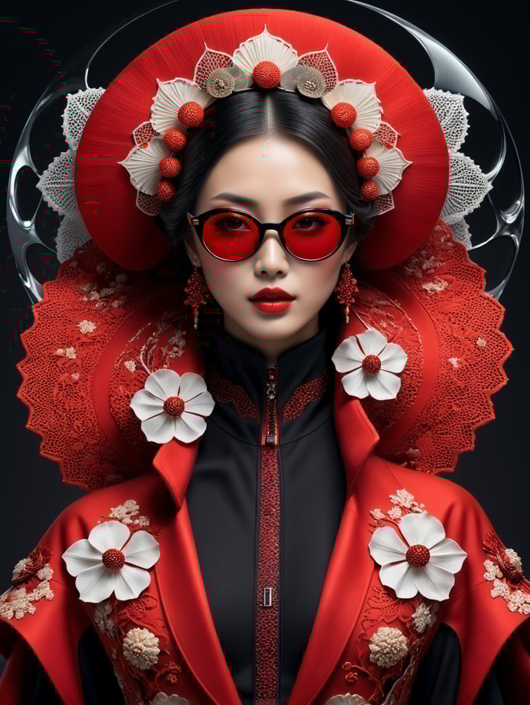 A japan tendency luxury top model dressed with Autumn woolen and Cotton threads clothes in shape of red Waves spectrum. "Smoke black reflecting futuristic glasses", dark diamond jewelry, hijab graved with colorful japan inspiration in the shape of frilly and mushroomy large waves threads inspired long coat flowing, black clean studio background, hyper detailed, epic Ai Yazawa, maximalist, contrast, Alberto Seveso fashion art style, hyper realistic, studio light, soft light, volumetric lighting, subsurface scattering, 4k, 8k, HD,-- s 1000 --style raw, fashion magazine cover