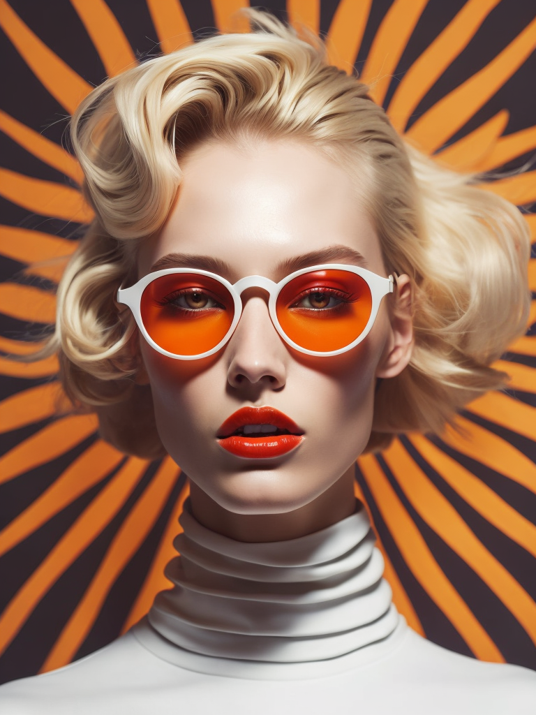 Pale-skinned girl model, wearing a high-necked dress, contrast lighting, white sunglasses with red-orange lenses, red lips, blonde hair in a bob style, dark background with orange-red rays, fashion model, magazine cover, professional shot,