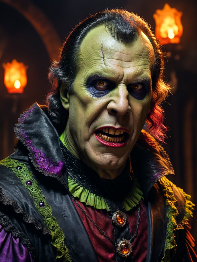 Will Ferrell as a creepy evil Frankenstein character wearing spooky Halloween costume, Vivid saturated colors, Contrast color creepy makeup halloween attire horror inspired in 1024x1360 aspect ratio