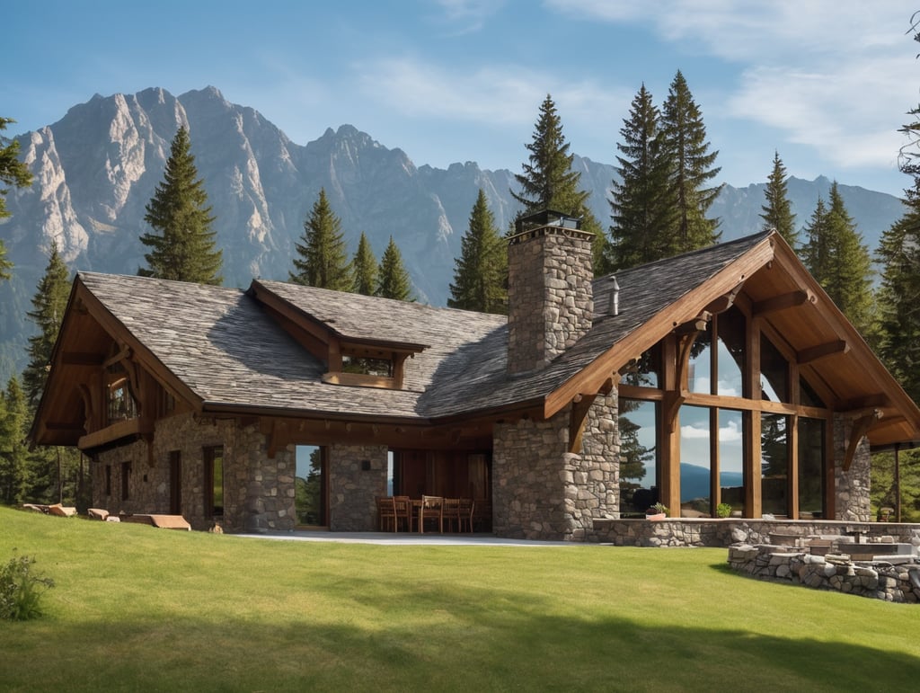 mountain house built of stone, with large windows, mountains in the background