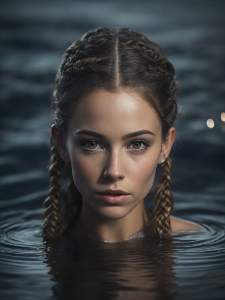 realistic looking mermaid in dark water with viking braids and a stern face beautiful at night with a lot of detail