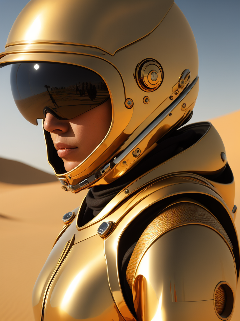 Cyber girl wearing gold chrome helmet, shining reflections, walking in the desert, photorealistic, hyper-detailed, dune atmosphere