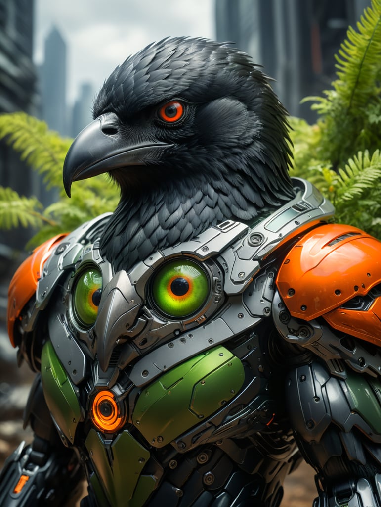 black cyber raven (tangerine,green,black,grey)anime raven a Sci-Fi environment action scene no blur, sharp focus,high definition, cinematic lighting, epic scene shot by Panasonic Leica DG Vario-Elmarit 8-18mm f 2.8-4 ASPH with Circular Polarizer filter