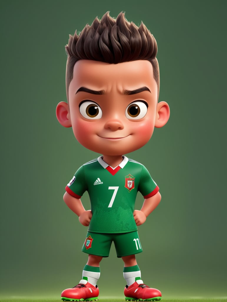 cristiano ronaldo as a kid, portugal national team kit, toon, pixar character, portrait, solid background