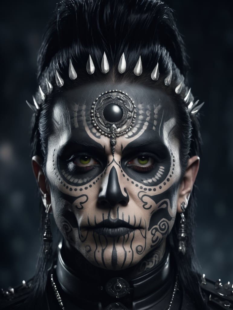 Nikki Sixx, black hair, , wearing black with silver accents, face art, make-up cinquo de mayo, day of the dead, hell background , intricate details, cinematic lighting, photo realistic, close-up portrait, DarkArt, dark background, 8k, designed by HR giger