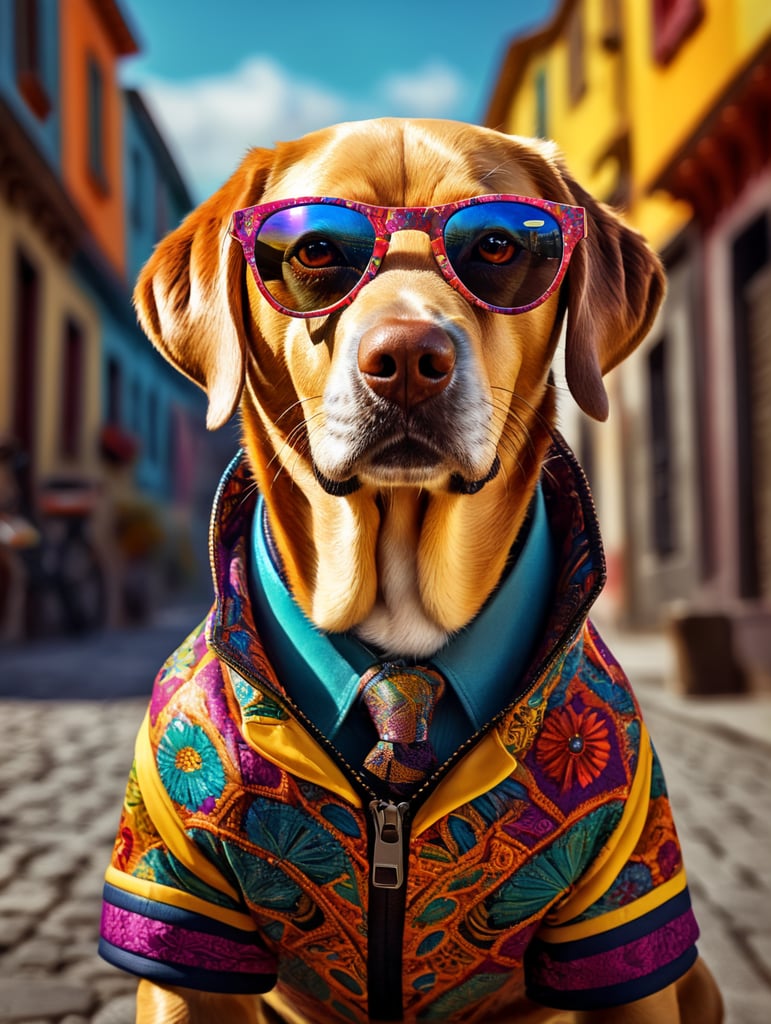 Cachorro da raça labrador wearing a brightly patterned jacket and wayfarer glasses, Vivid saturated colors, Contrast color