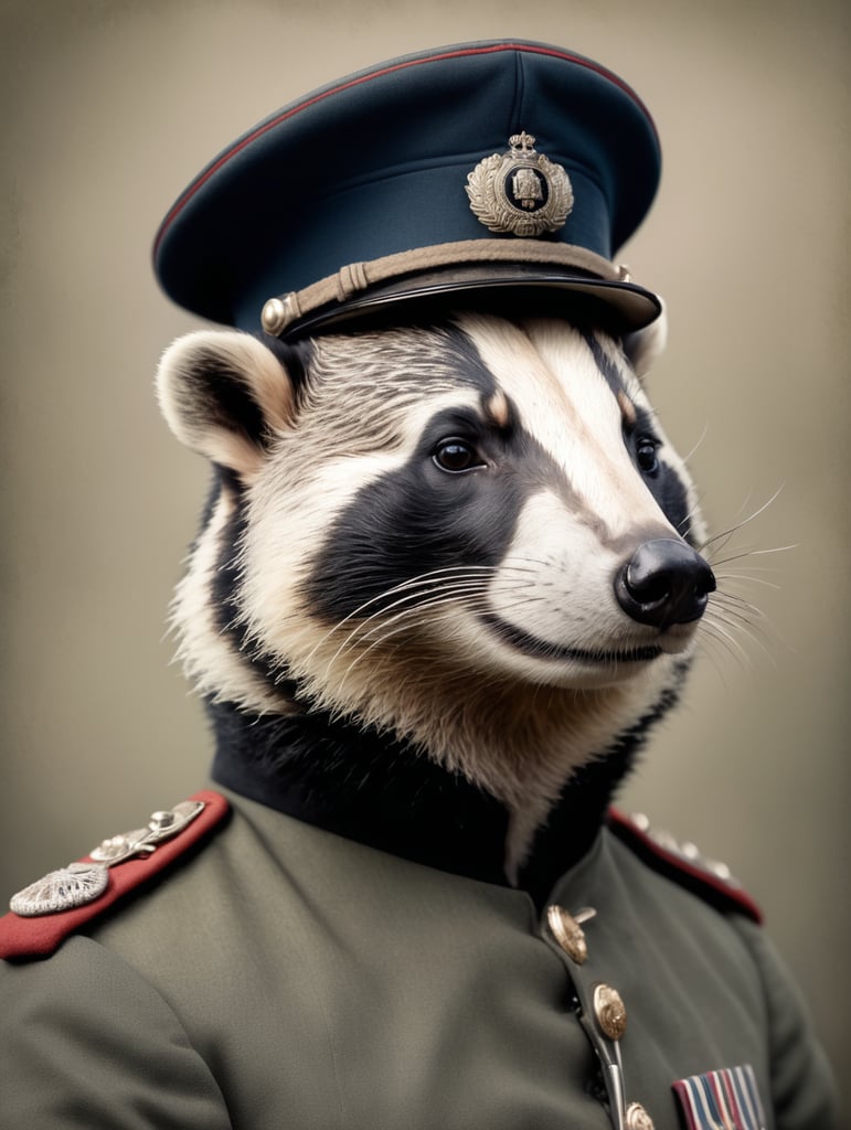 A portrait of a eurasian badger in a nineteenth century British Army Brigadier uniform