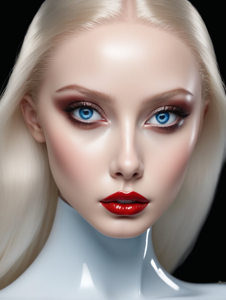 Full black glossy face of a pure white mannequin with open blue eyes, with a slight red reflex on the face, on a black background, bright colors, glossy highlights, professional shot, clear details, high detail, bright red lips