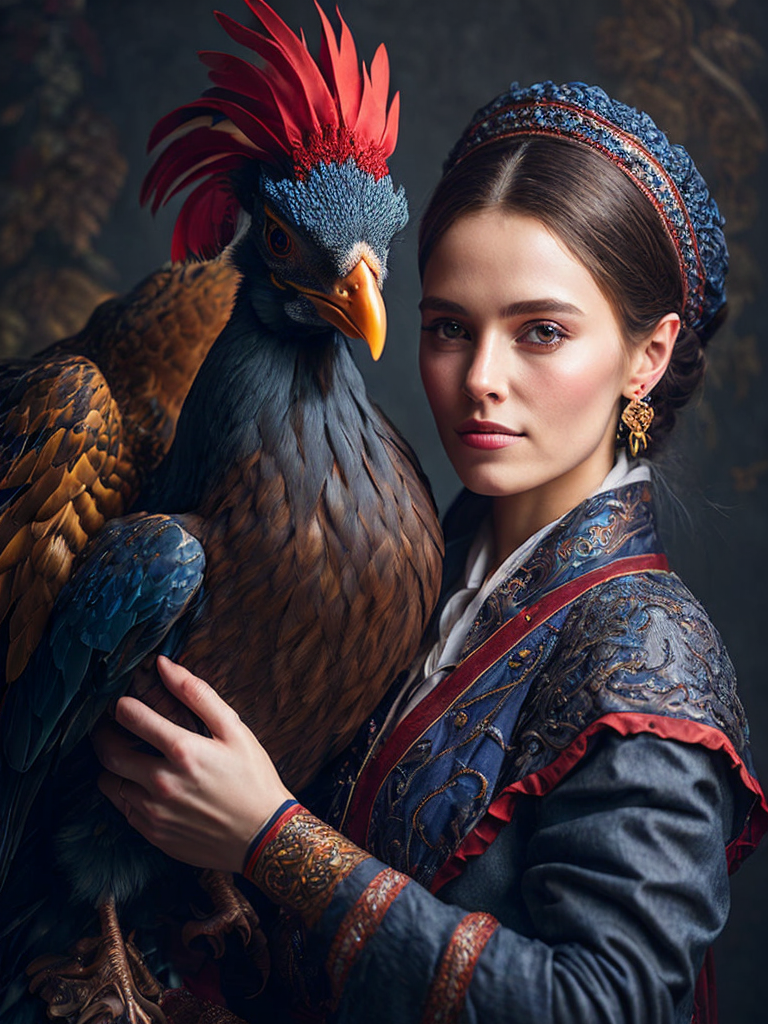 Portrait of a Beautiful women from Russian fairytale wearing traditional costume hugging a Rooster