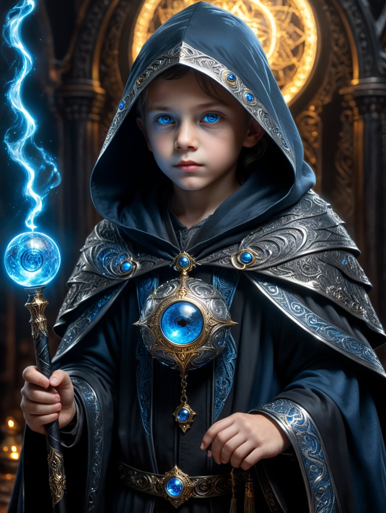 Child wizard divination silver starry black cloak gold eyes black and silver staff with blue glowing orb