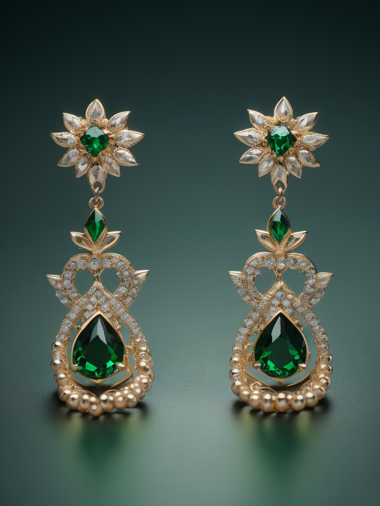 Queen gold jewellery earrings adorned with emeralds, green gradient background, vibrant colors, high detail, contrast light, sharp focus