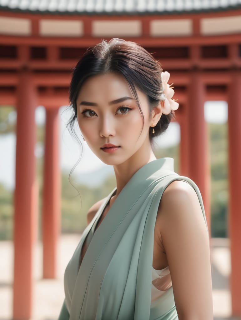 Japan, minimalism, cinematic composition, geometry 25 years old gorgeous goddess of love and beauty, look at camera, matching colors, dynamic movement, shadows, romantic dream, natural tones