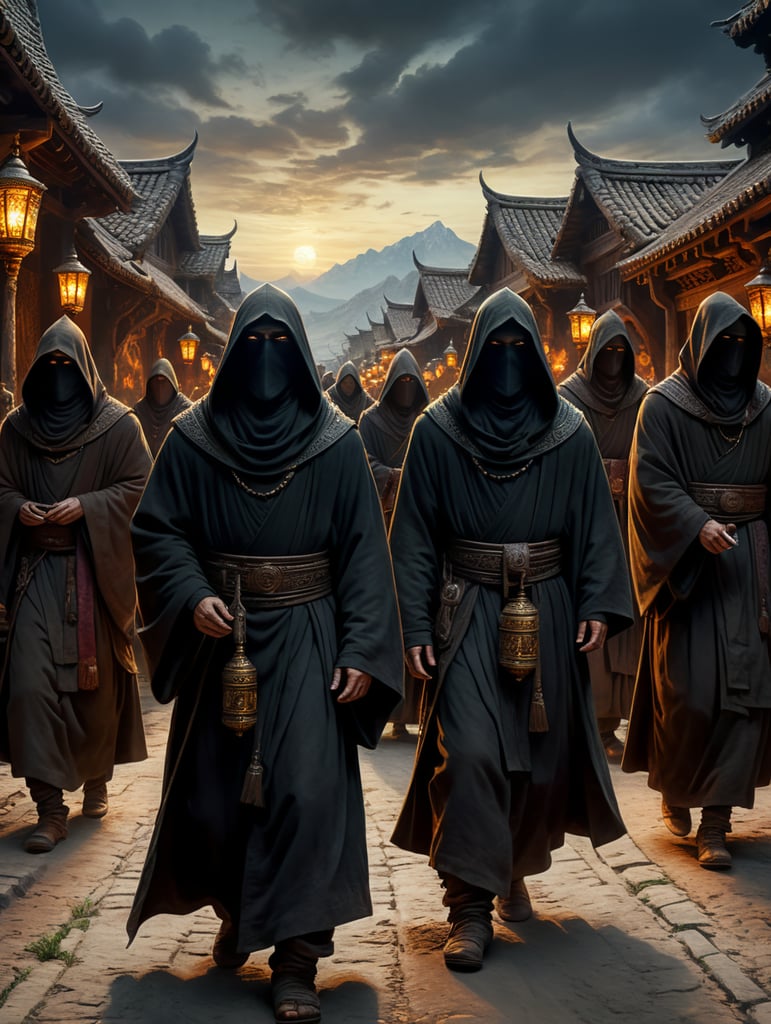 A procession of western monks wearing dark hooded robes, their faces hidden in darkness, at dusk, in route to an unknown destination, coming from afar, left to right