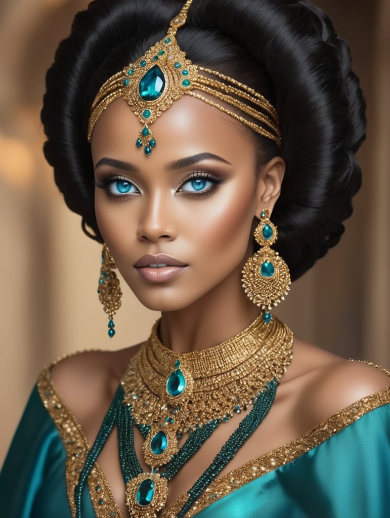 A light skin African lady have beautiful blue emerald eyes, dressed in ancient golden coloured gown with ebony beads on her hands, legs and waist. Her hair dark looking like a goddess.