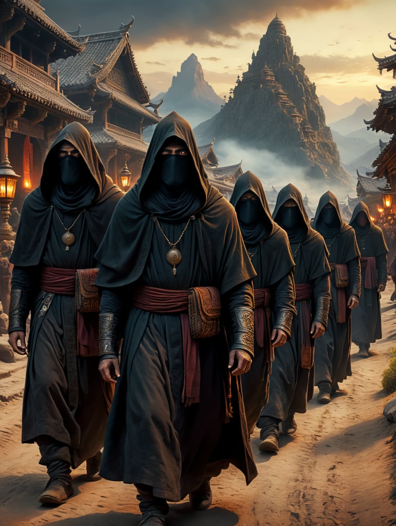 A procession of western monks wearing dark hooded robes, their faces hidden in darkness, at dusk, in route to an unknown destination, coming from afar, left to right