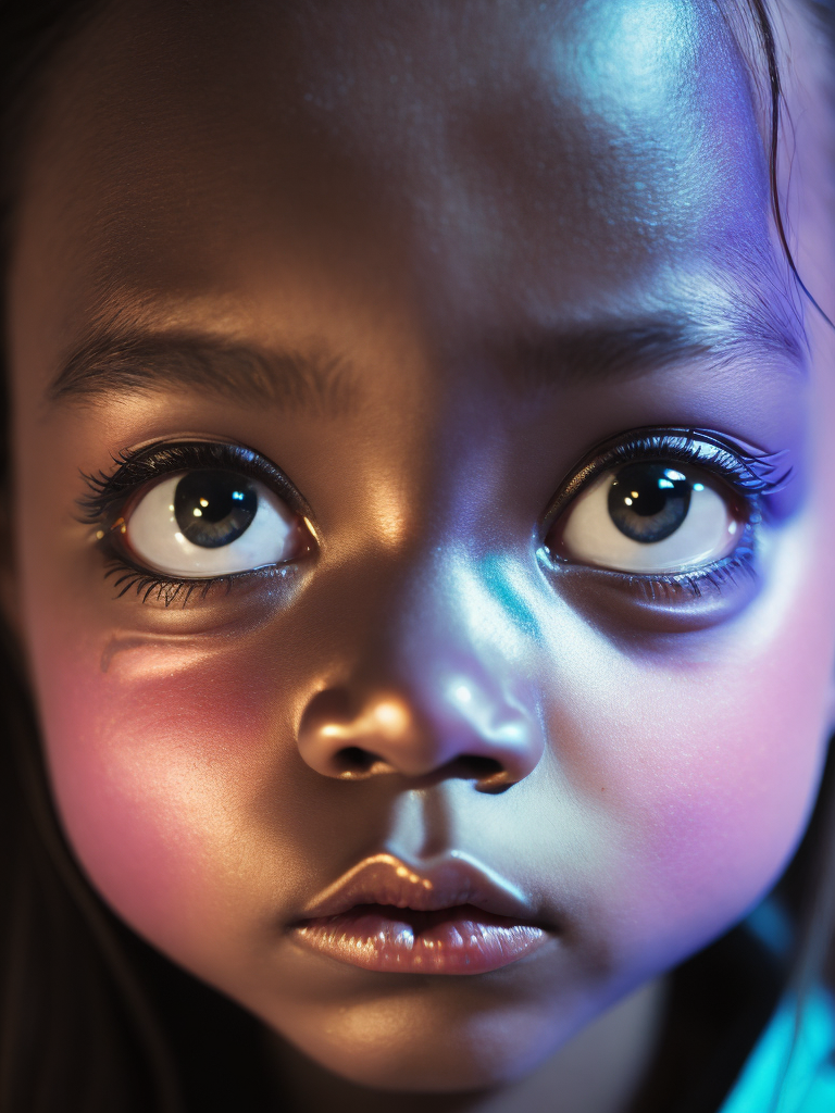 a hyper realistic image in 4K of a open eyed baby face that looks wears a second skin made of liquid metal glass on her face that shines in neon colors and melting away, similar to an instagram filter