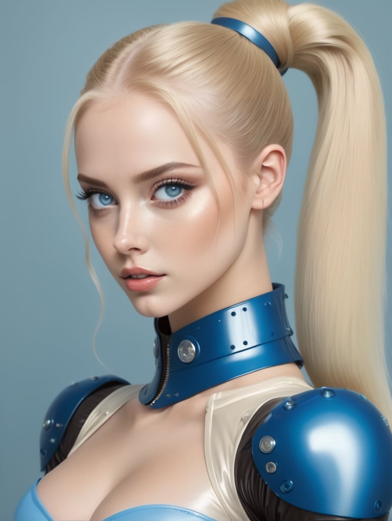 Latex Girl with blond ponytail Blue eyes