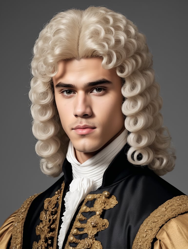 Justin Bieber wearing a 17th century wig like Johann Sebastian Bach.