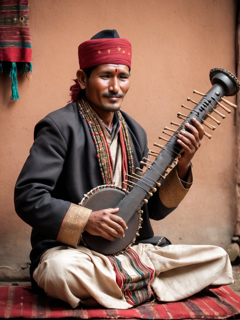 A Gaine the traditional musician of Nepal playing Nepali Sarangi