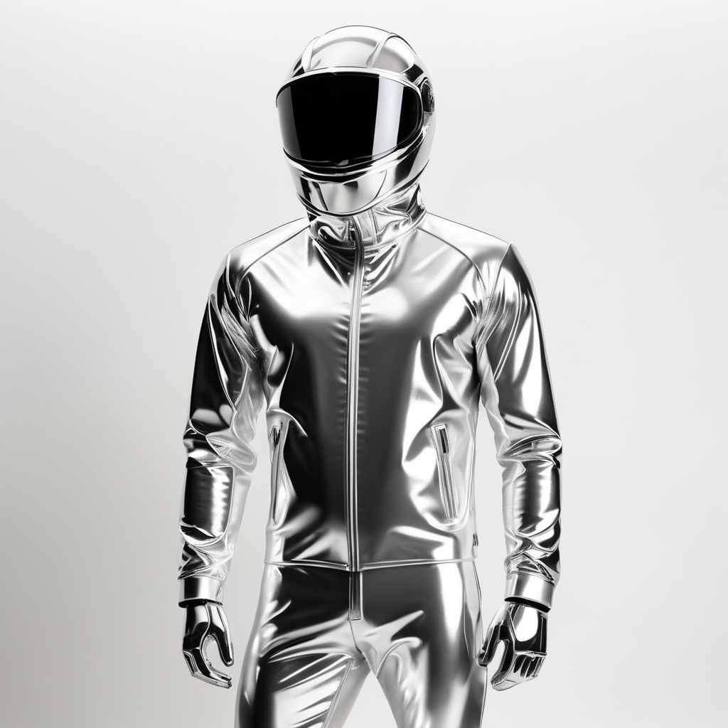 A realistic photo of a chrome shiny jacket on a invisible mannequin, coverall with reflective material, isolated, white background