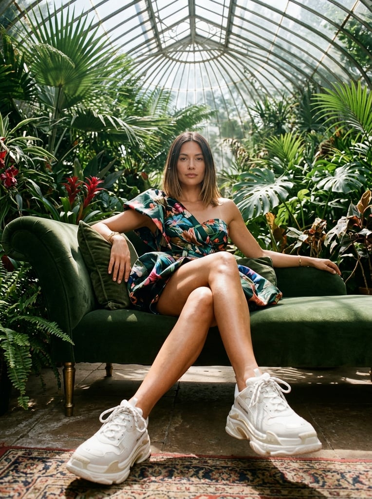 Ultra-realistic high-fashion editorial photo of an adult female model reclining on a deep green velvet chaise lounge in a lush tropical greenhouse. Vertical 4:5, low eye-level angle, legs extended toward the camera, oversized white chunky sneakers in the foreground, crossed bare legs lit by strong sunlight. She has sun-kissed skin, a slim figure, shoulder-length dark brown hair with lighter ends, center part, minimal makeup, and a calm confident gaze at the camera. She wears an avant-garde glossy satin floral couture outfit with oversized sculptural panels, bold multicolor botanical print, one shoulder exposed, and an asymmetrical silhouette. Dense tropical plants, palm leaves, ferns, red exotic flowers, and a large curved glass roof in the background. Warm sunlight through the glass creates soft haze and dramatic dappled shadows. Luxury fashion campaign mood, cinematic contrast, deep shadows, rich greens, realistic skin texture, sharp focus, shallow depth of field, photorealistic, no text, no logo