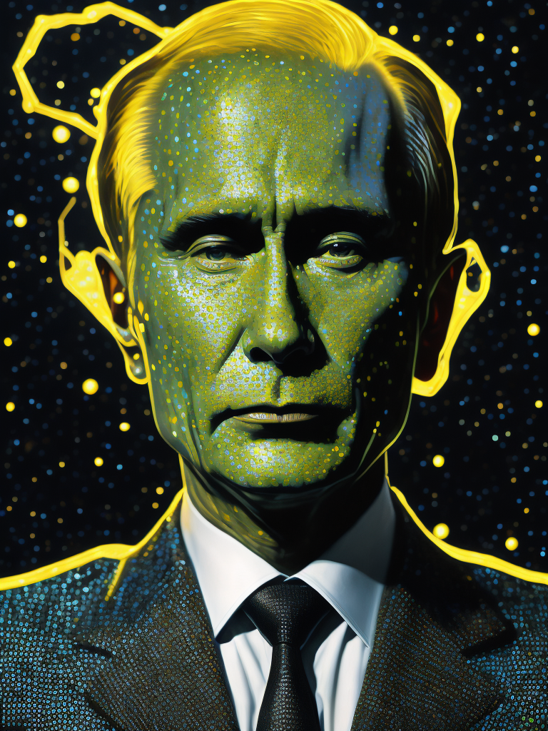 Fine Art Fluorescent Pointillism Sci-fi Surrealism Photography, Futuristic Vladimir Putin, Portrait made of hyper-detailed transparent frosted plastic, Moebius Bernard Buffet, van Gogh, Vermeer, Erin Hanson, Pierre Soulages, National Geographic, textured depth, vibrant fluorescent hyperrealism photo